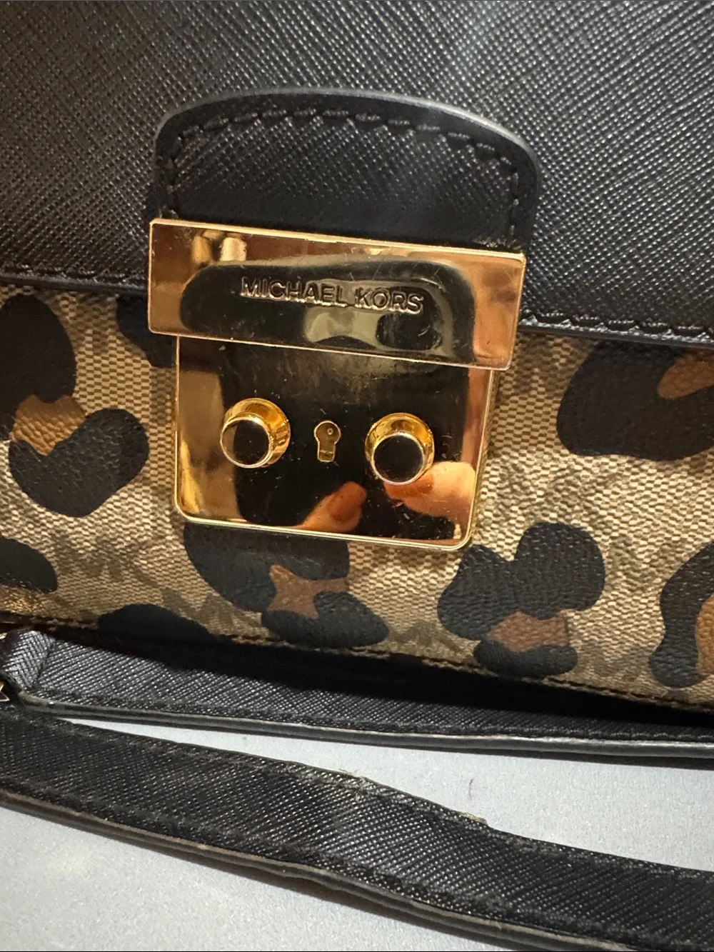 Michael Kors Black Leather & Leopard-Print Chain Crossbody